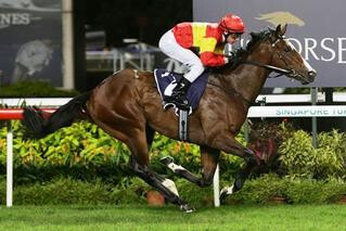 Be Bee (NZ) claims the Golden Horseshoe at Kranji. Photo: Singapore Turf Club